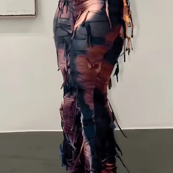 Tie Dye Print Flare Leg Pants, Y2K High Waist Skinny Tassel Mesh Pants - Picture 3 of 5